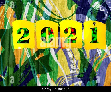 Earth Tones Frohes neues Jahr 2021. Trotz der Grunge-Stimmung ein ausfallsicheres Gefühl der Hoffnung. Digital von Hand bemalte Farben über verzweifelte Holzstruktur Stockfoto