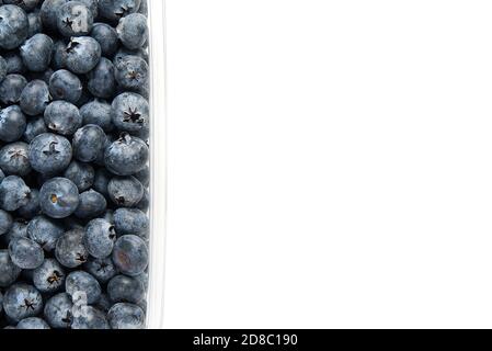 Heidelbeeren in klarem Plastiktablett von oben auf weißem Hintergrund geschossen. Stockfoto