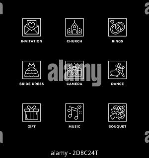Vektor-Set von Design-Elementen, Logo-Design-Vorlage, Icons und Abzeichen für Hochzeit. Liniensymbole gesetzt, bearbeitbare Kontur. Stock Vektor