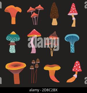 Cartoon Wald Pilze Handgezeichnete Icons Set Stock Vektor