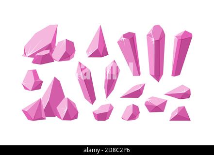 Kristalle und rosa Edelsteine. Set aus Rubinkristall Prismen und Stücken mit funkelnden Facetten. Amethyst Edelsteine in verschiedenen Formen. Vektordarstellung in Stock Vektor