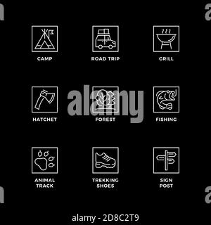 Vektor-Set von Design-Elementen, Logo-Design-Vorlage, Symbole und Abzeichen für Camping. Liniensymbole gesetzt, bearbeitbare Kontur. Stock Vektor