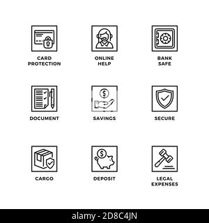 Vektor-Set von Design-Elementen, Logo-Design-Vorlage, Symbole und Abzeichen für die Versicherung. Liniensymbole gesetzt, bearbeitbare Kontur. Stock Vektor