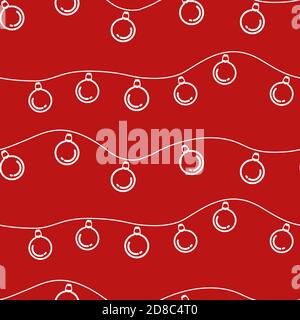Nahtlose Muster von weihnachten Girlanden von Glühbirnen. Roter Hintergrund und weiße Girlanden mit runden Glühbirnen. Vektordarstellung für die Gestaltung von Neujahrsverpackungen, Stoffen, Bannern. Stock Vektor