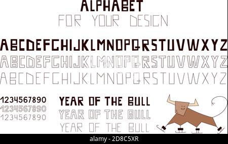 Kreative Schriftart für das New Year 2021 Design. Jahr des Stiers, Ochsen, Kuh. Chinesisches Neujahr. Modernes Alphabet, Schrift isoliert auf weißem Hintergrund Stock Vektor