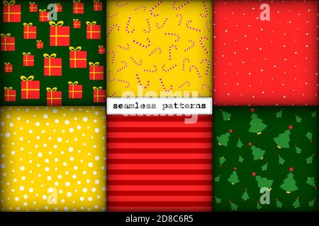 Nahtloses Muster Weihnachten Set von Minimalismus handgezeichnete Silvester Elemente in traditionellen festlichen rot-grün Gold Farbpalette. Endlose Illustration für die Verpackung Verpackung Geschenkkarten Geschenkkartons Stock Vektor
