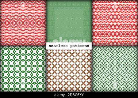Weihnachtliche nahtlose Muster Satz von einfachen geometrischen Elementen in traditionellen festlichen Neujahr rot grün Farbpalette. Endlose Illustration für die Verpackung Verpackung Geschenkkarten Geschenkkartons Stock Vektor