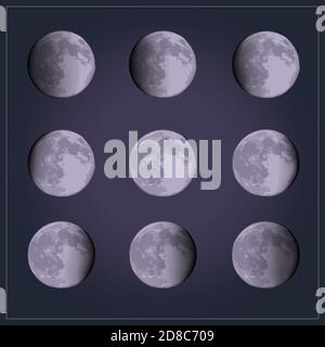 mondphasen-Vektor-Set von astronomischen Hand zeichnen Elemente aus Neumond zu Halbmond und Vollmond Stock Vektor