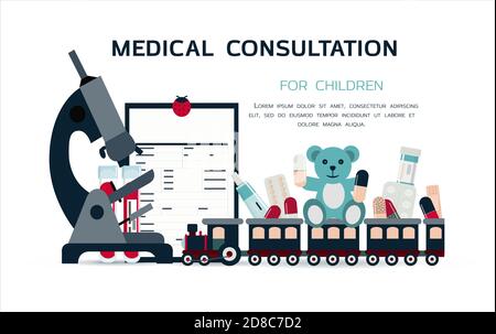 Medizinisches Poster mit Medikamenten, Reagenzgläsern und einem Thermometer. Werbung für Online-Apotheken oder medizinische Fernkonsultationen für Erwachsene und Kinder. Medizinische Untersuchung und Blutuntersuchung des Virus. Lieferung von Medikamenten nach Hause. Senden der Analyseergebnisse an Ihre E-Mail. Rabatte auf medizinische Produkte Stock Vektor