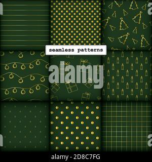 Nahtlose weihnachten Muster Set Luxus reiche Sammlung von goldenen minimalistischen Elementen auf dunkelkönigsgrünen Hintergrund. Endlose Vektor-Illustration für Verpackungsdesign Geschenkkarten Geschenkschachteln Stock Vektor