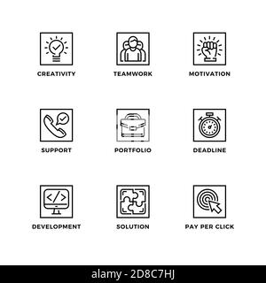 Vektor-Set von Design-Elementen, Logo-Design-Vorlage, Symbole und Abzeichen für den Start. Liniensymbole gesetzt, bearbeitbare Kontur. Stock Vektor
