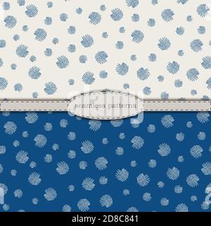 Handgezeichnete nahtlose Muster in vereinfachtem skandinavischen Minimalismus Stil. Klassische blaue pantone 2020 und beige bicolor. Stock handgezeichneten Vektor für den Druck auf Stoff, Textil, Tapete, Verpackung. Stock Vektor