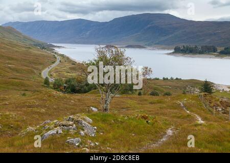 Blick hinunter auf Loch Cluanie und die A87 mit Beinn Loinne in der Entfernung vom Weg, der nach am führt Batdach Stockfoto