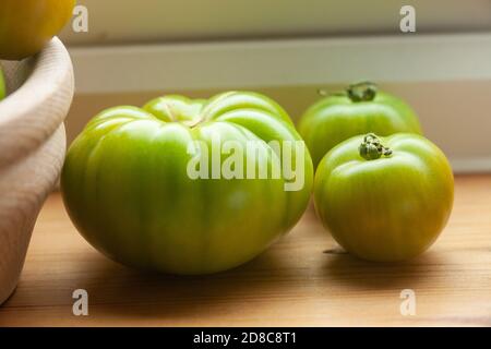 Reihe von selbst angebauten Tomaten reifen auf Fensterbank. Stockfoto