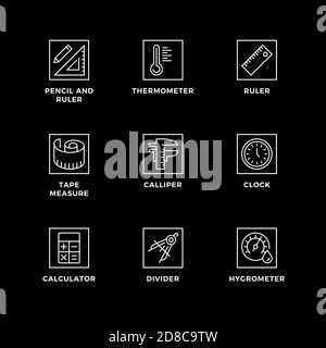 Vektor-Set von Design-Elementen, Logo-Design-Vorlage, Symbole und Abzeichen für die Messung. Liniensymbole gesetzt, bearbeitbare Kontur. Stock Vektor