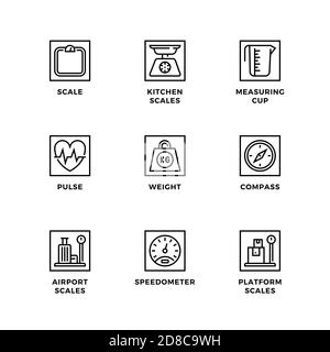 Vektor-Set von Design-Elementen, Logo-Design-Vorlage, Symbole und Abzeichen für die Messung. Liniensymbole gesetzt, bearbeitbare Kontur. Stock Vektor