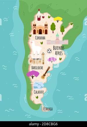 Cartoon-Karte von Argentinien. Reise-Illustration mit südamerikanischen Landmarken, Gebäuden, Lebensmitteln und Pflanzen. Lustige Touristen Infografiken. National Stock Vektor