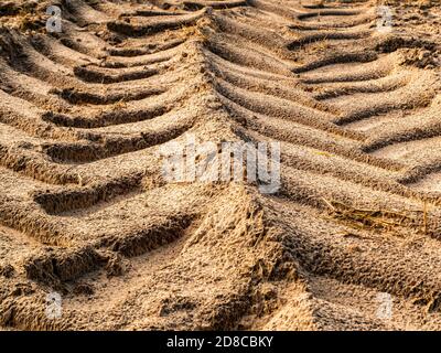 Reifenspuren auf dem Boden der großen Transportrader. Stockfoto