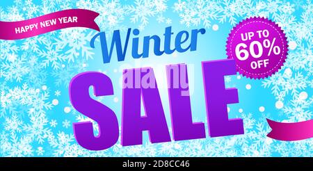Helle horizontale Verkauf Flyer auf hellblauem Hintergrund mit Schneeflocken. Text - Winterangebot bis zu 60 Rabatt. Frohes neues Jahr. Schnee Vektorgrafik. Stock Vektor