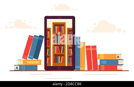 Online-Schulungen. Ein Mobiltelefon mit Bücherregalen im Inneren. Es gibt viele verschiedene Bücher rund um das Telefon. Isoliert auf Weiß. Vektor-Illustration in modernem flachen Design. Stock Vektor