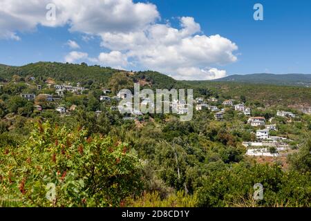 Blick auf Kalamaki Dorf, Pelion Berg, Volos Region, Griechenland Stockfoto