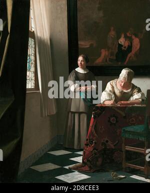 Titel: Dame, die mit ihrer Jungfrau einen Brief schreibt Ersteller: Johannes Vermeer Datum: ca.1670 Medium: Öl auf Leinwand Maße: 72.2 x 59.5 cm Ort: National Gallery of Ireland, Dublin Stockfoto