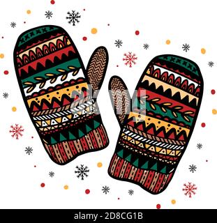 Frohe Weihnachten Dekoration von Hand gezeichnet.Doodle Stil Grußkarte mit gestrickten warmen Fäustlingen. Stock Vektor