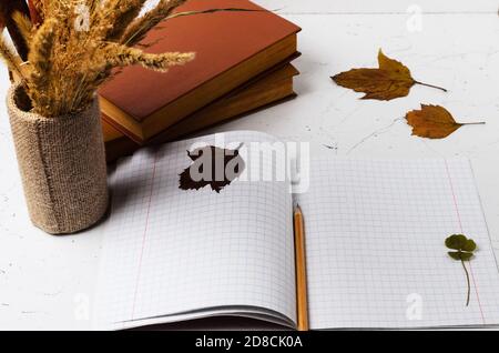 Notizbuch mit einem Lesezeichen aus vierblättrigen Kleeblatt auf dem Hintergrund eines Herbststraußes und Blättern Selektiver Fokus. Stockfoto