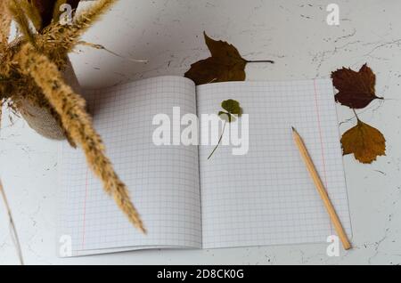 Notizbuch mit einem Lesezeichen aus vierblättrigen Kleeblatt auf dem Hintergrund eines Herbststraußes und Blättern Selektiver Fokus. Stockfoto