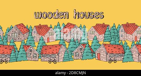 Rosa Holz skandinavischen Häuser nahtlose Wiederholung Rand Muster mit Text Und blaue weihnachtsbäume Stock Vektor