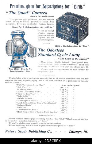 Anzeige für die Quad-Kamera oder Cycle Lamp als Abo-Geschenke erschien in einem monatlichen Magazin namens 'Birds : Illustrated by color Photography' eine monatliche Serie. Kenntnisse des Vogellebens im Jahr 1897. Stockfoto