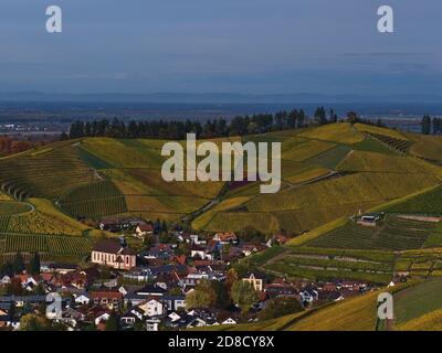 Luftaufnahme des Zentrums des kleinen Dorfes Durbach, Baden-Württemberg, Deutschland in der Herbstsaison mit bunten Weinberghügeln in der Umgebung. Stockfoto