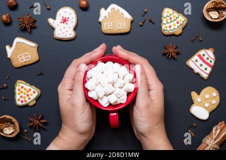 Hände halten rote Keramikbecher mit Kakao und Marshmallows auf Hintergrund der weihnachtsplätzchen Stockfoto