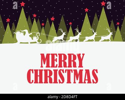 Weihnachtsmann im Schlitten mit Rentieren und Winterlandschaft mit Tannen und fallendem Schnee. Festlicher Winterabend, Heiligabend. Grußkarte in einem Stock Vektor