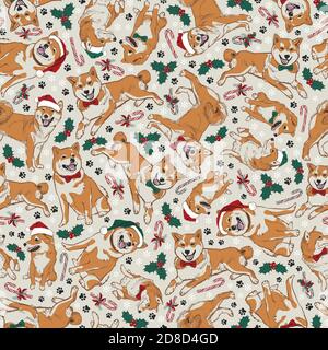Vector beige shiba inu Weihnachtshunde multidirection nahtlose Muster mit santa Hüte, Stechpalme und Süßigkeiten Stöcke. Perfekt für Stoff, Scrapbooking und Stock Vektor