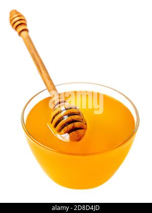 Honig Dipper und Honig im Glas isoliert auf weißem Hintergrund. Bio-Honig aus nächster Nähe. Stockfoto