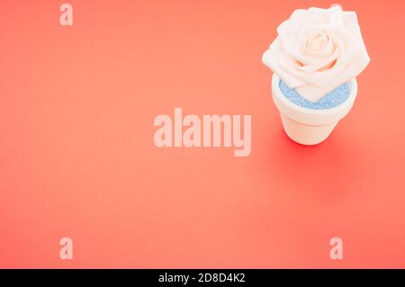 Nahaufnahme der künstlichen Zierrose im Topf Die rote Fläche - Platz für Text Stockfoto