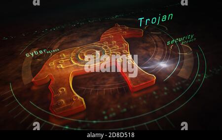 Symbol für Trojaner, Computerviren, Cybersicherheit, Malware, Kriminalität und Spionagesoftware. Abstrakte 3d Symbol Konzept Rendering Illustration. Stockfoto