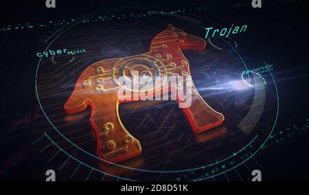 Symbol für Trojaner, Computerviren, Cybersicherheit, Malware, Kriminalität und Spionagesoftware. Abstrakte 3d Symbol Konzept Rendering Illustration. Stockfoto