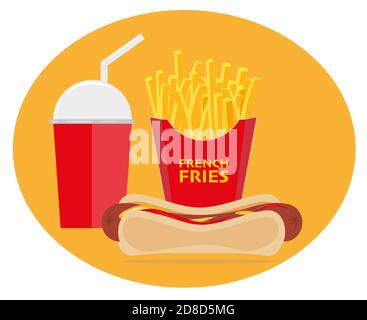 Hot Dog Pommes und ein Getränk Vektor-Illustration Stock Vektor