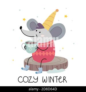 Eine Maus in einer warmen Jacke trinkt Kakao und lächelt. Illustration für Kinderbuch. Niedliches Poster. Skandinavischer Stil .Minimalisn. Natur. Stock Vektor