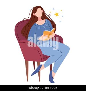 Das Mädchen sitzt auf einem Stuhl und liest. Flacher Style. Das Konzept einer modernen Bibliothek. Illustration für Kinderbuch. Niedliches Poster. Stock Vektor