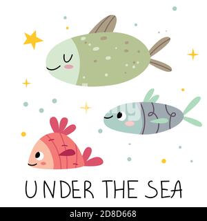 Unterwasserwelt. Drei Fische schwimmen im Meer. Bunte Fische mit Mustern. Illustration für Kinderbuch. Nettes Poster.Einfache Illustration. Stock Vektor