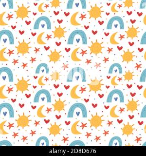 Helles Kindermuster im Boho-Stil. Sonne, Mond, Sterne, Regenbogen. Einrichtung für ein Kinderzimmer. Illustration für Kinderbuch. Niedliches Poster. Einfach Stock Vektor