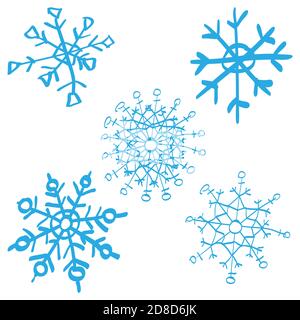 Blaue handgezeichnete Schneeflocke isoliert auf weißem Hintergrund. Flache Ikone mit weihnachten und Winter Thema. Einfache Schnee Symbol Illustration. Stock Vektor