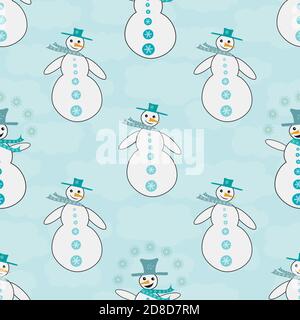 Glücklich Schneemann nahtlose Vektor-Muster Hintergrund. Fun Schneemänner in blauen Hüten und Schals auf Wolke strukturierte Pastell Hintergrund gekleidet. Handgezeichnete geometrische Form Stock Vektor