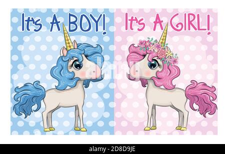 Baby Dusche Grußkarte mit niedlichen Cartoon Einhorn Mädchen und Junge Stock Vektor