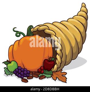 Füllhorn oder Füllhorn gefüllt mit Erntefrüchten und Gemüse: Kürbis, Äpfel, Trauben, Beeren, Pekannüsse und Blätter. Stock Vektor
