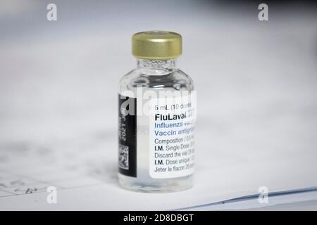 Ein Apotheker zieht am Dienstag, den 20. Oktober 2020, in einer Apotheke in Kingston, Ontario, einen Grippeimpfstoff aus einer Ampulle aus. Stockfoto