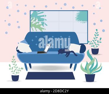 Wohnzimmereinrichtung mit schlafender Katze und Möbelstuhl, Kissen, Pflanze und Tisch mit Büchern und Tasse. Stock Vektor